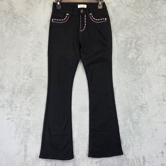 Bamboo Original Denim Jeans Womens 3 Black Bootcut Low Rise Rhinestone Studded - Picture 1 of 12